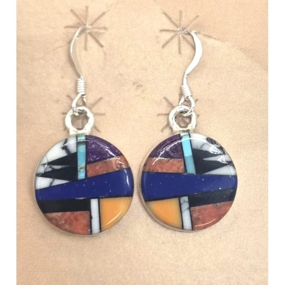 Multi-Gemstone Round Earrings Dangles‎ Sterling Silver 925 Round Signed SM NWOT